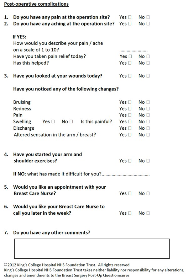 KCHFT nurse-led telephone follow-up questionnaire