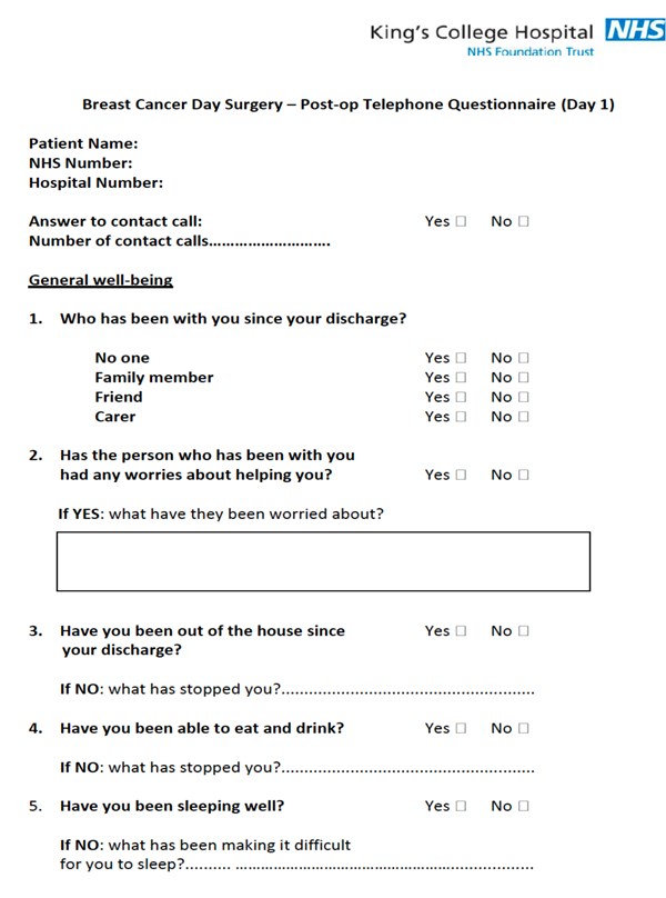 KCHFT nurse-led telephone follow-up questionnaire